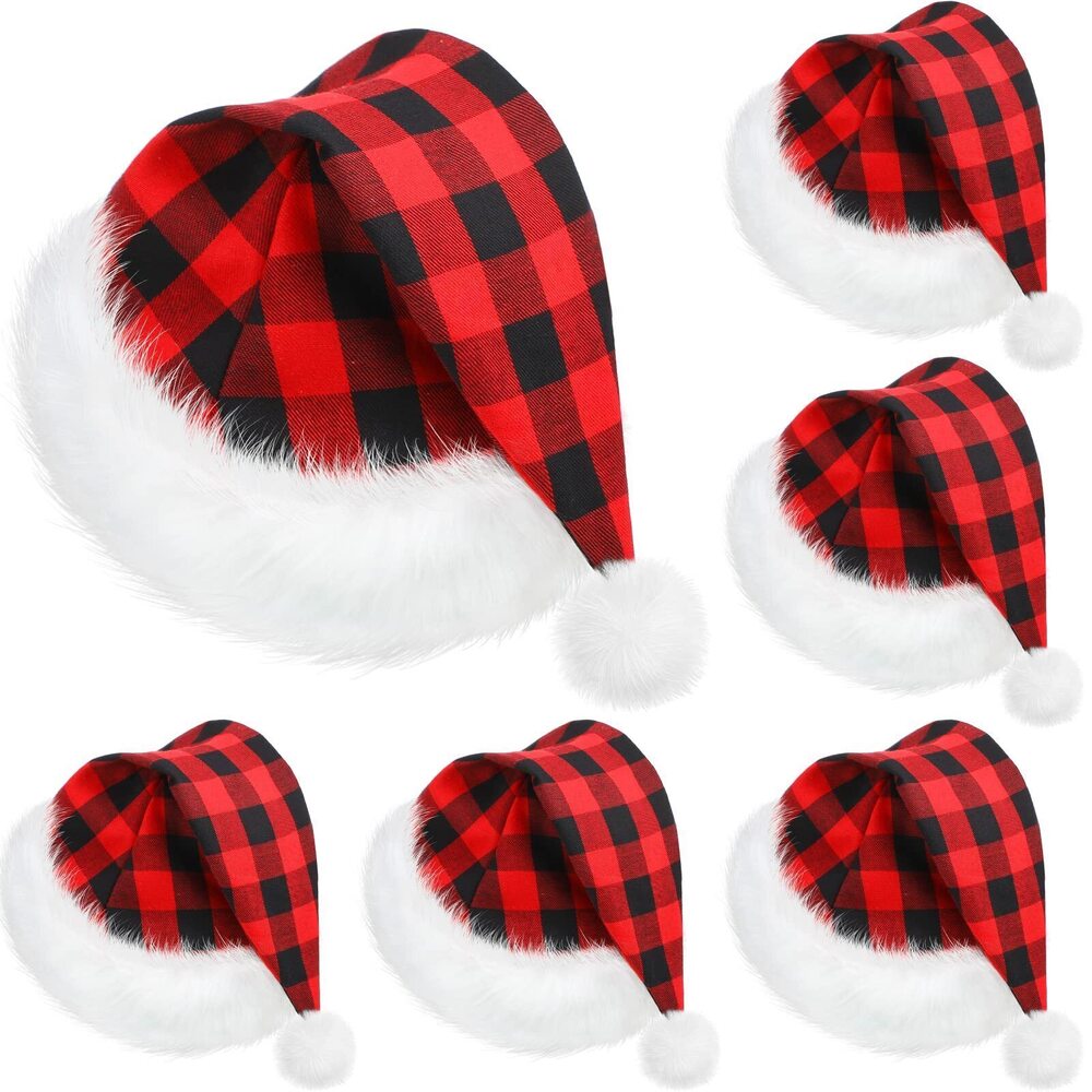 4748 6 Pieces Christmas Santa Hat Unisex Claus Xmas Hat with Comfort Lining